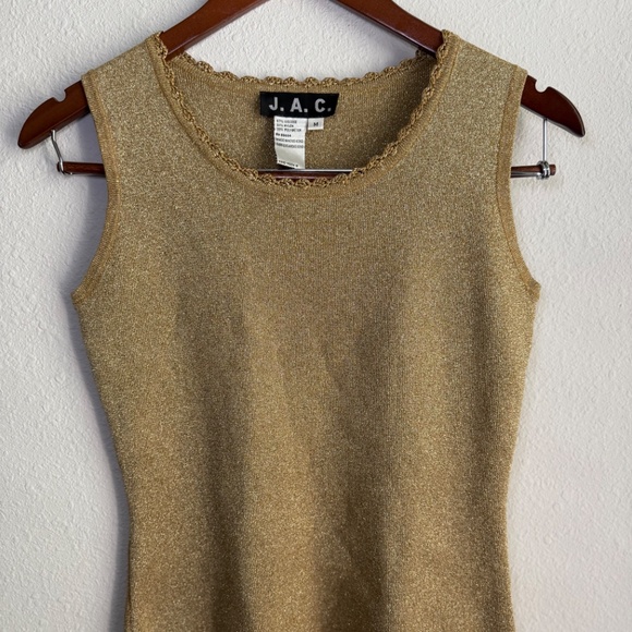 Vintage 90s Gold Sleeveless Knit Top Crochet Scallop Neckline Womens Medium - Picture 3 of 11